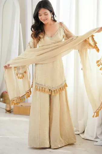 Beige mirror work lace border crush silk kurta palazzo set