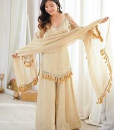 Beige mirror work lace border crush silk kurta palazzo set