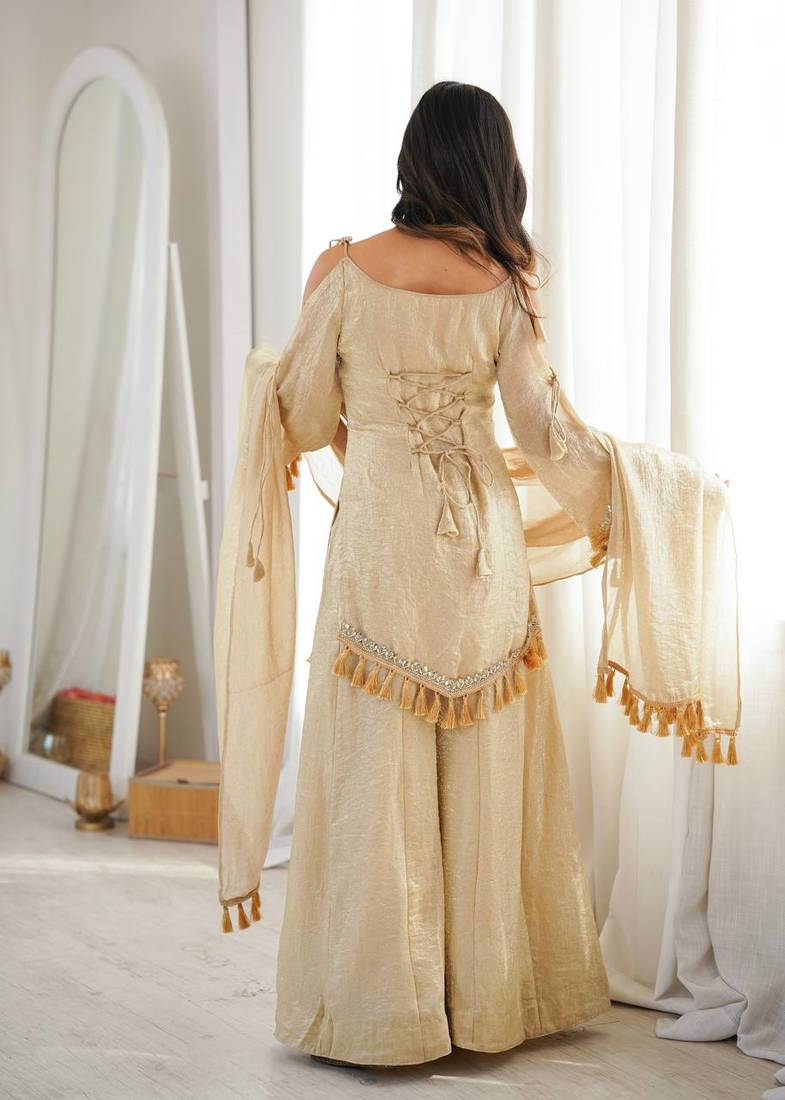 Beige mirror work lace border crush silk kurta palazzo set