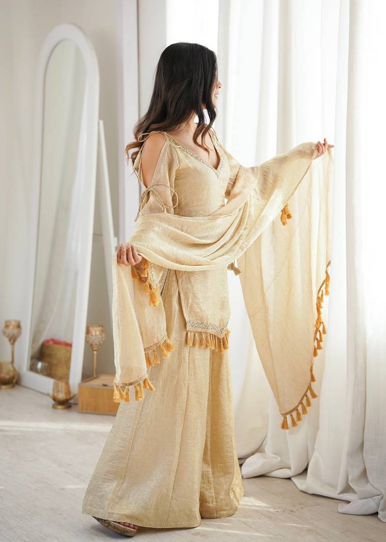 Beige mirror work lace border crush silk kurta palazzo set