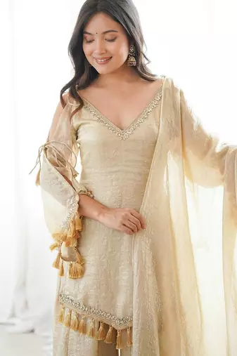 Beige mirror work lace border crush silk kurta palazzo set