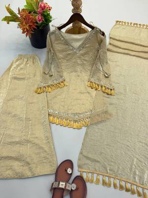 Beige mirror work lace border crush silk kurta palazzo set 5
