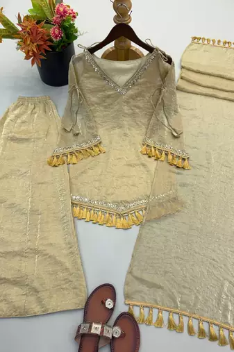 Beige mirror work lace border crush silk kurta palazzo set
