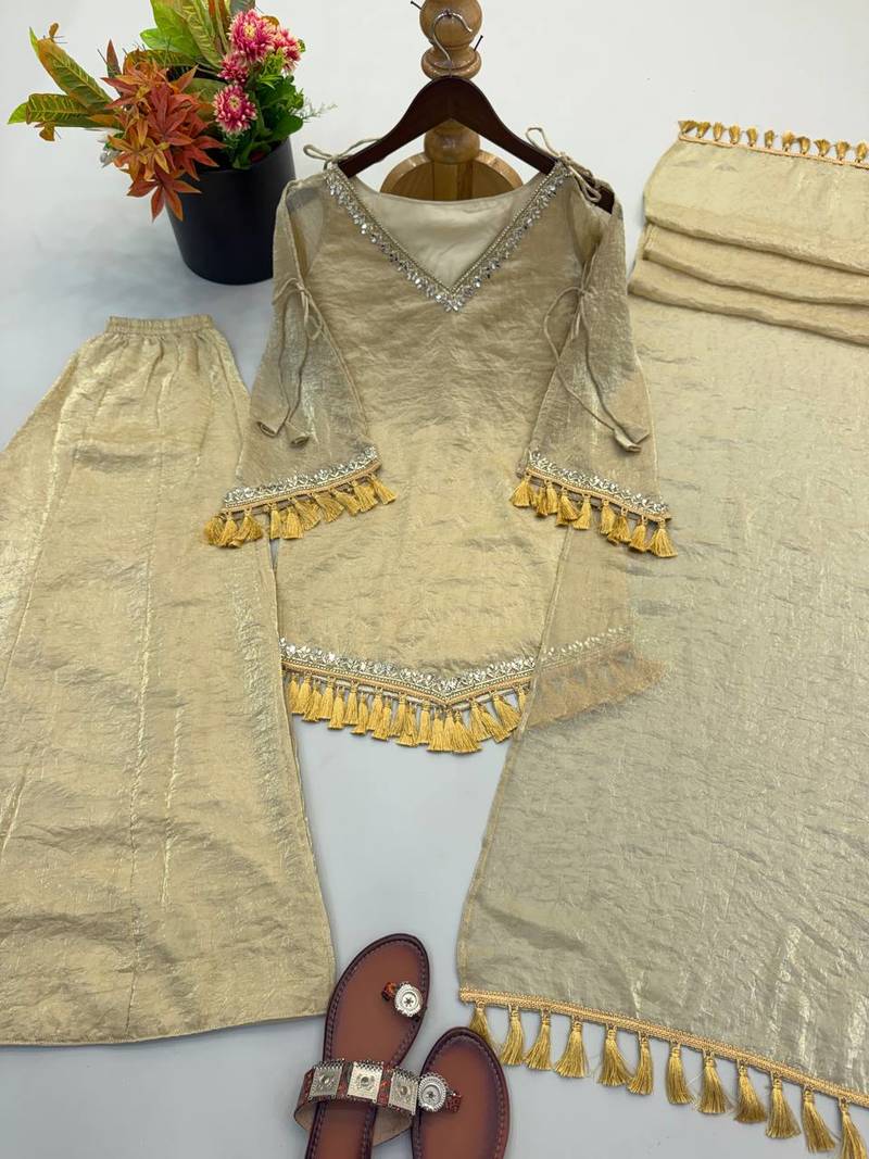 Beige mirror work lace border crush silk kurta palazzo set