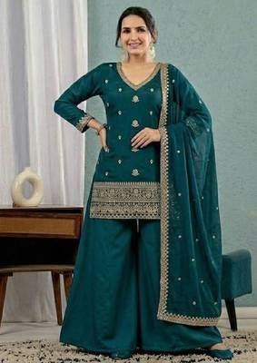 Teal blue sequins embroidery work roman silk kurta palazzo set 1