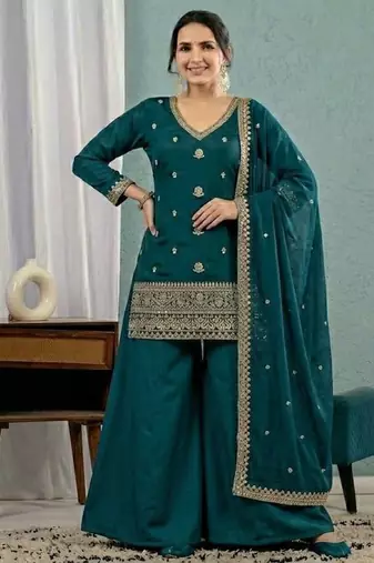 Teal blue sequins embroidery work roman silk kurta palazzo set