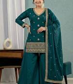 Teal blue sequins embroidery work roman silk kurta palazzo set