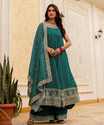 Rama embroidery & mirror work vichitra silk gown with palazzo & dupatta 1