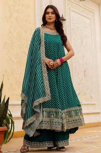Rama embroidery & mirror work vichitra silk gown with palazzo & dupatta