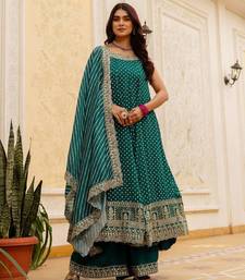 Rama embroidery & mirror work vichitra silk gown with palazzo & dupatta