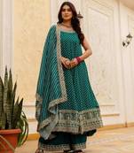 Rama embroidery & mirror work vichitra silk gown with palazzo & dupatta