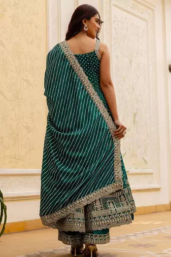Rama embroidery & mirror work vichitra silk gown with palazzo & dupatta