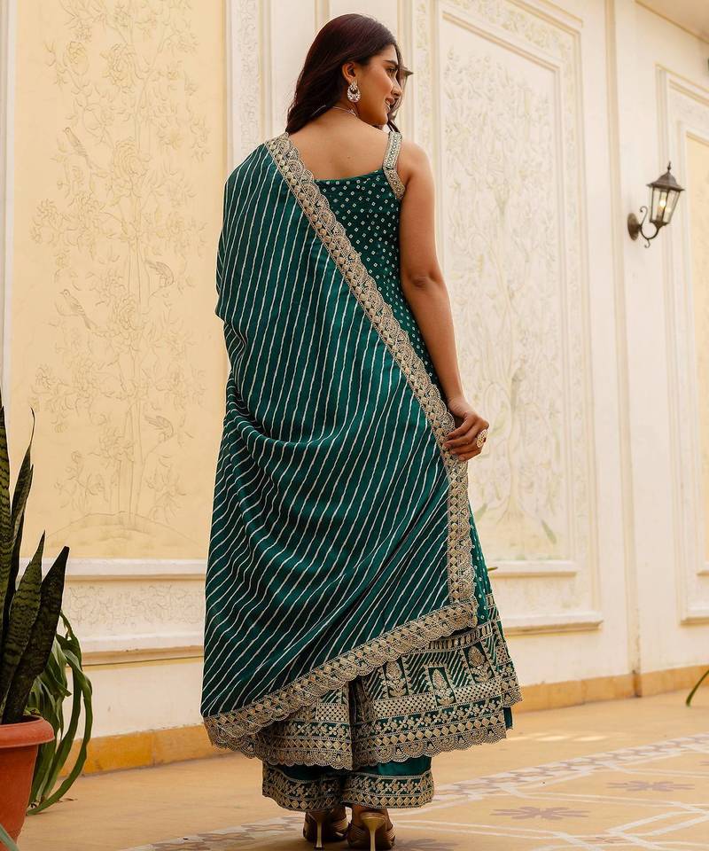 Rama embroidery & mirror work vichitra silk gown with palazzo & dupatta