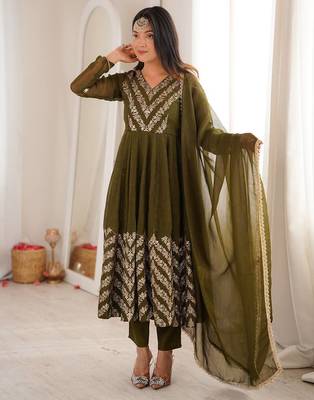 Mehendi green sequins embroidered crunchy silk anarkali with pant & dupatta 1