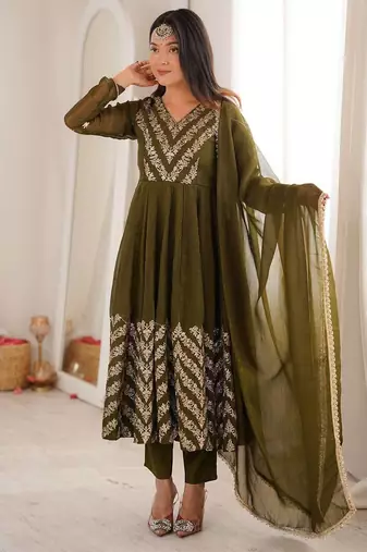 Mehendi green sequins embroidered crunchy silk anarkali with pant & dupatta