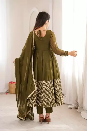 Mehendi green sequins embroidered crunchy silk anarkali with pant & dupatta