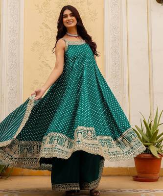 Rama embroidery & mirror work vichitra silk gown with palazzo & dupatta 3