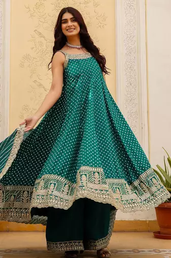 Rama embroidery & mirror work vichitra silk gown with palazzo & dupatta