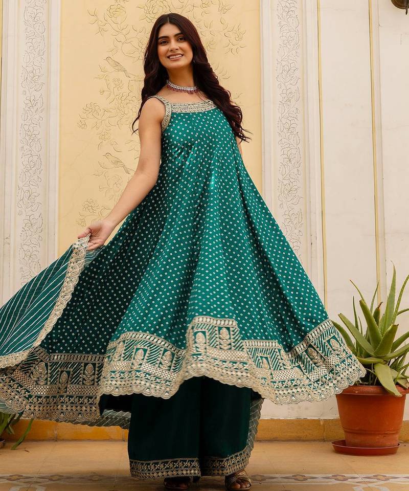 Rama embroidery & mirror work vichitra silk gown with palazzo & dupatta