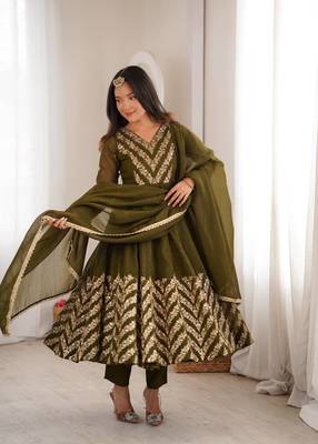 Mehendi green sequins embroidered crunchy silk anarkali with pant & dupatta 3