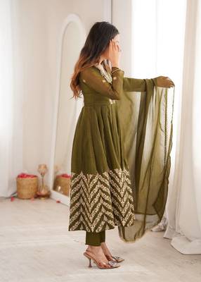 Mehendi green sequins embroidered crunchy silk anarkali with pant & dupatta 4