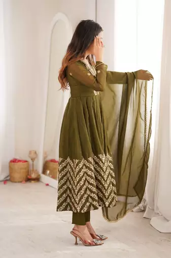 Mehendi green sequins embroidered crunchy silk anarkali with pant & dupatta