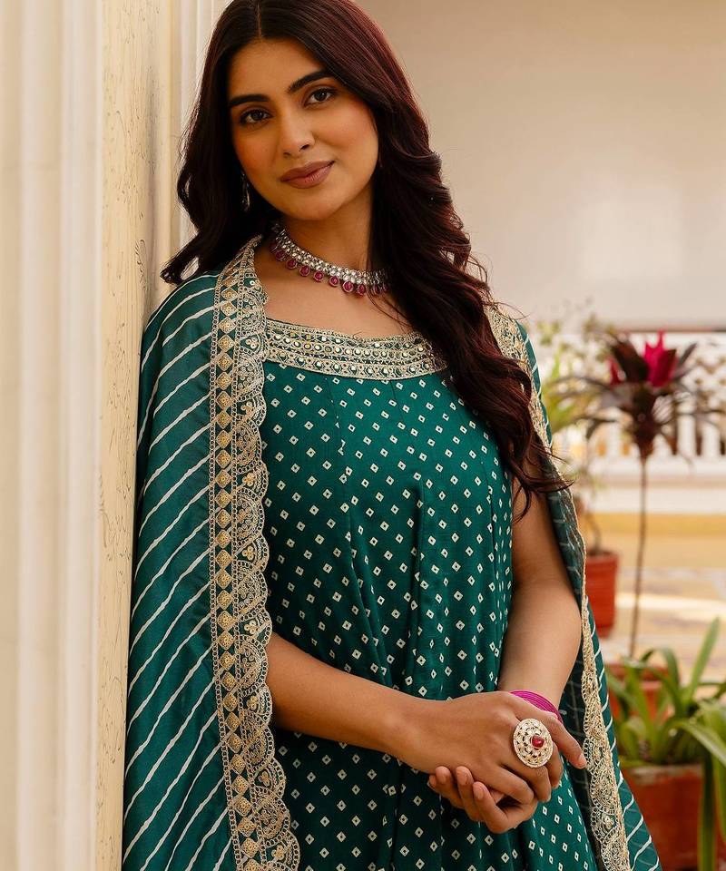 Rama embroidery & mirror work vichitra silk gown with palazzo & dupatta