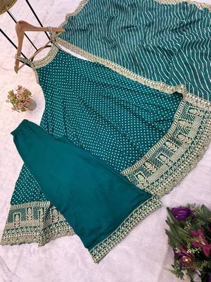 Rama embroidery & mirror work vichitra silk gown with palazzo & dupatta 5