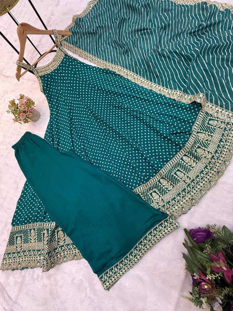 Rama embroidery & mirror work vichitra silk gown with palazzo & dupatta
