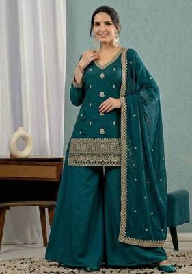 Teal blue sequins embroidery work roman silk kurta palazzo set 2