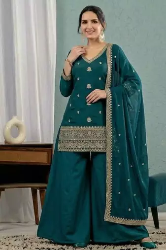 Teal blue sequins embroidery work roman silk kurta palazzo set
