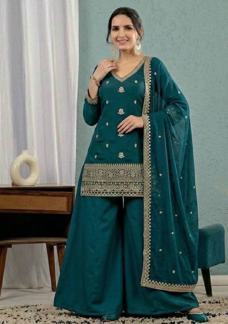 Teal blue sequins embroidery work roman silk kurta palazzo set