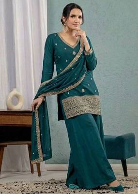 Teal blue sequins embroidery work roman silk kurta palazzo set 3