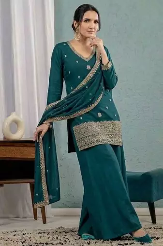 Teal blue sequins embroidery work roman silk kurta palazzo set