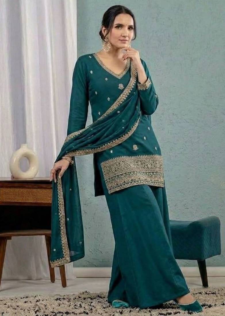 Teal blue sequins embroidery work roman silk kurta palazzo set