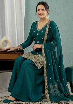 Teal blue sequins embroidery work roman silk kurta palazzo set 4
