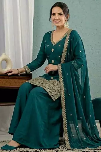 Teal blue sequins embroidery work roman silk kurta palazzo set