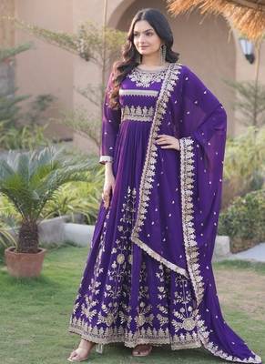 Purple sequins & zari embroidered georgette gown with dupatta 1