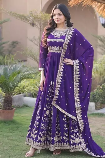 Purple sequins & zari embroidered georgette gown with dupatta