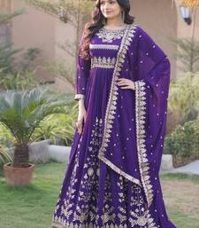 Purple sequins & zari embroidered georgette gown with dupatta