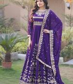 Purple sequins & zari embroidered georgette gown with dupatta