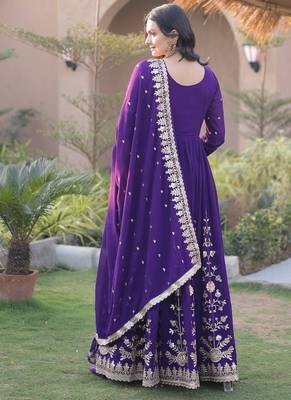 Purple sequins & zari embroidered georgette gown with dupatta 2