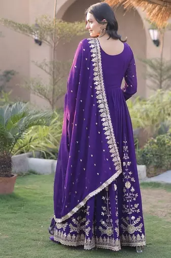 Purple sequins & zari embroidered georgette gown with dupatta