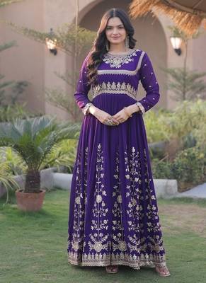 Purple sequins & zari embroidered georgette gown with dupatta 3