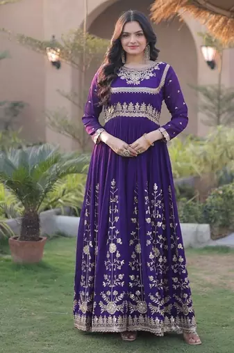 Purple sequins & zari embroidered georgette gown with dupatta
