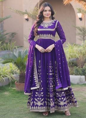 Purple sequins & zari embroidered georgette gown with dupatta 4