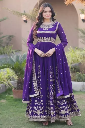 Purple sequins & zari embroidered georgette gown with dupatta