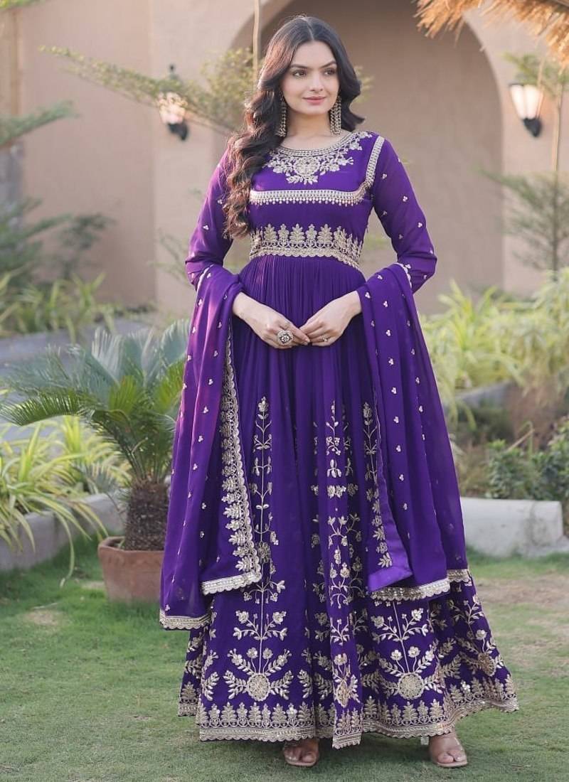 Purple sequins & zari embroidered georgette gown with dupatta