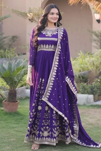Purple sequins & zari embroidered georgette gown with dupatta