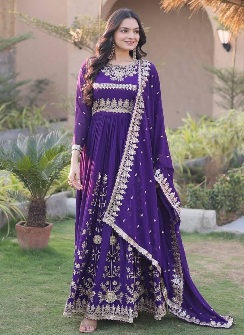 Purple sequins & zari embroidered georgette gown with dupatta